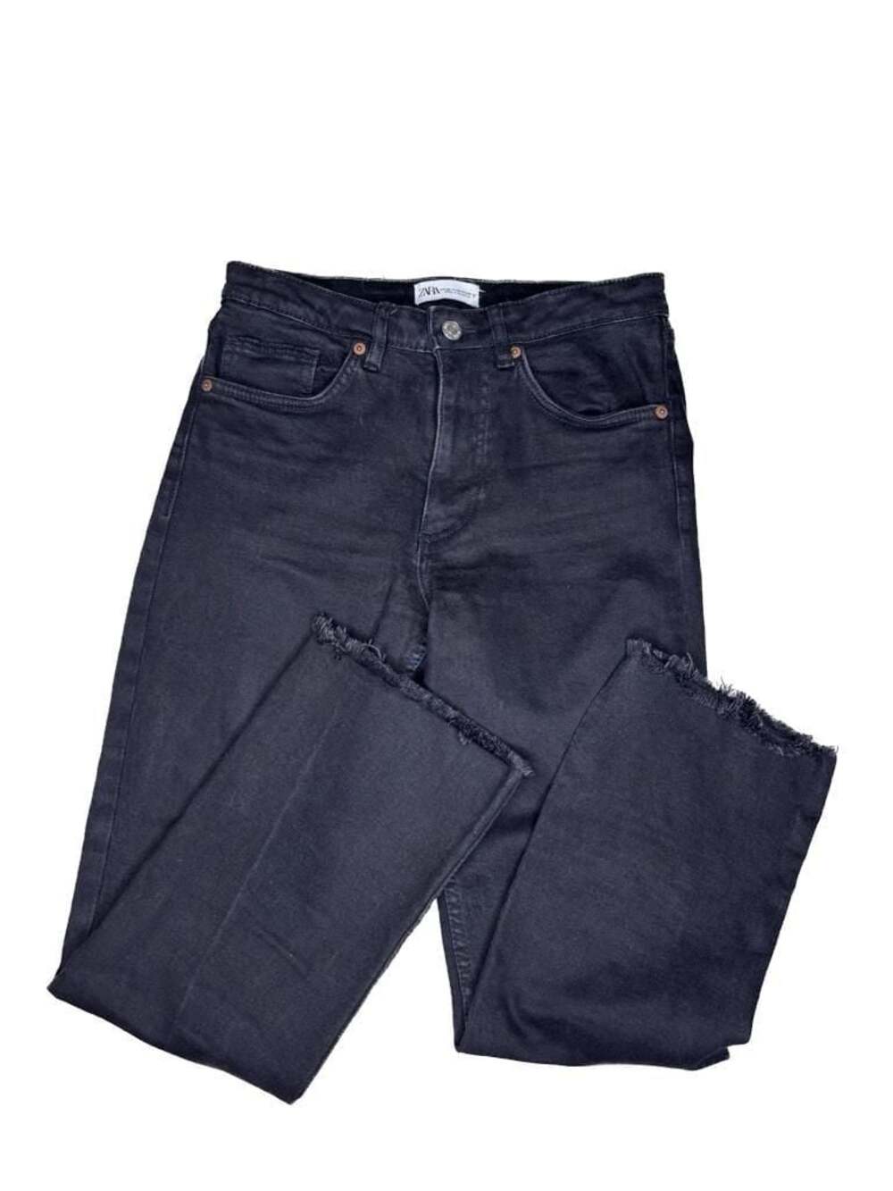 Zara High-Waisted Raw Hem Black Ankle Jeans